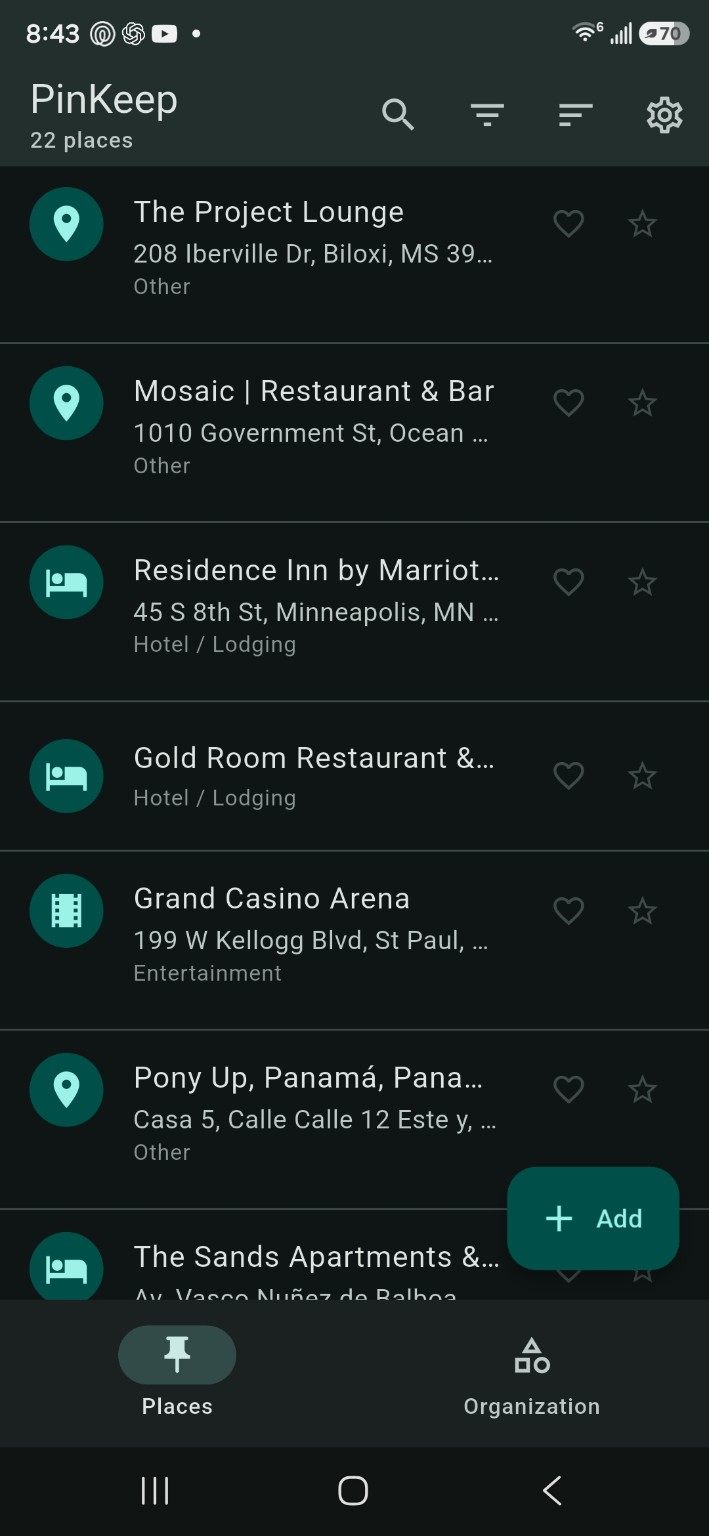 PinKeep places list with saved places, their addresses and categories